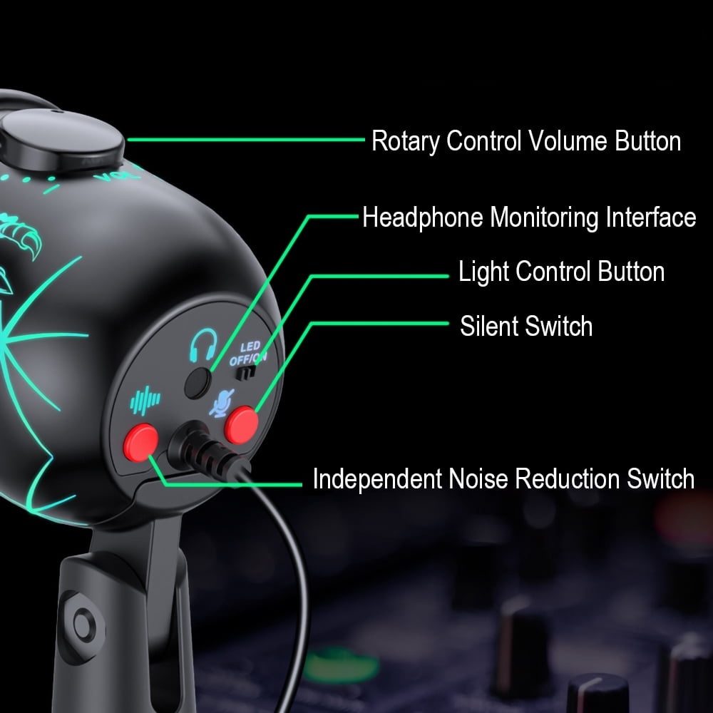 Gaming USB Microphone for PC, Gaming Microphone with RGB Lighting Headphone Output Volume Control Mute Button Noise Cancellation for Studio Recording, Karaoke,  Streaming Podcast