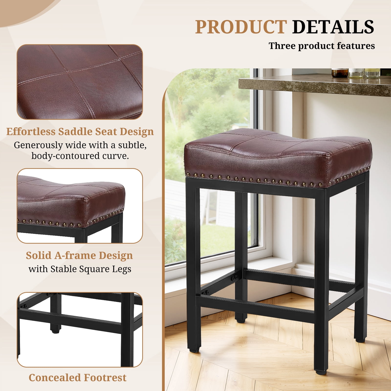 Sybels 24" Saddle Bar Stools (Set of 2) - PU Leather Counter Stools with Footrest for Kitchen Island, Cafe，Brown
