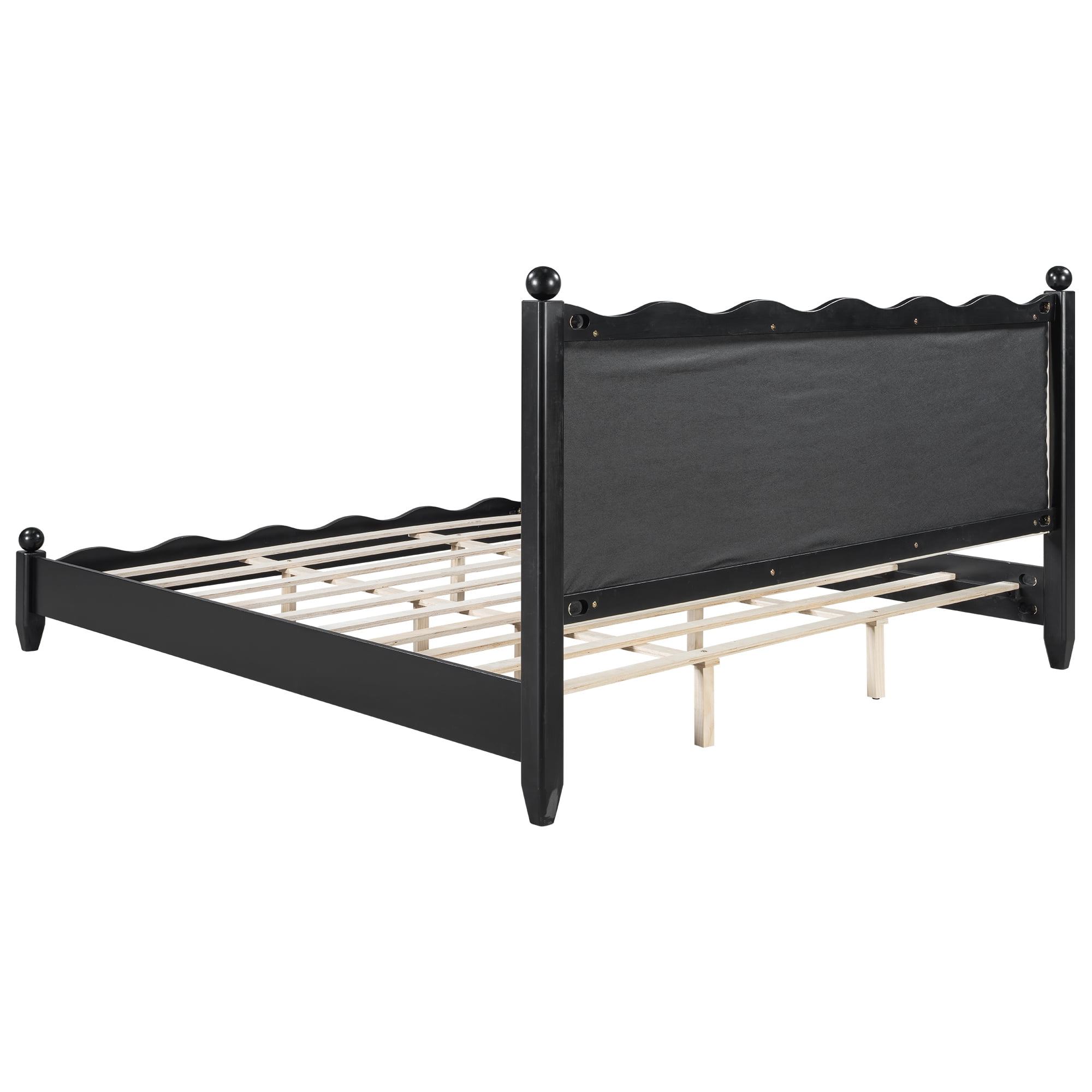 Euroco Wood King Size Wood Platform Bed with Upholstery Headboard, Black