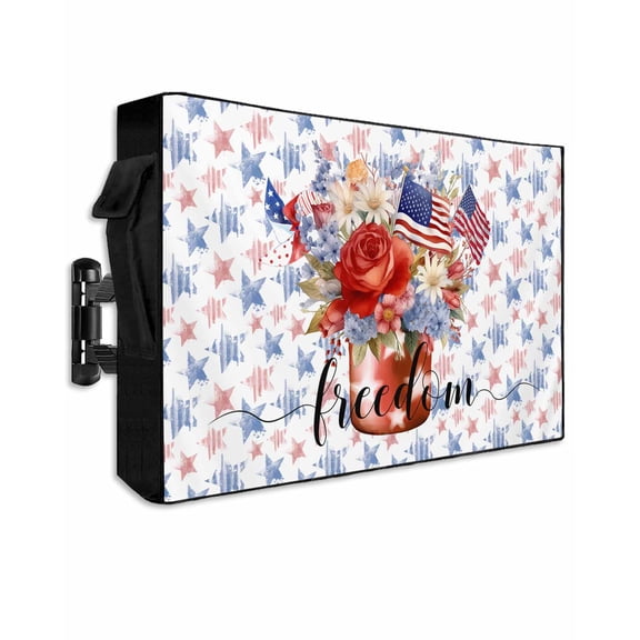 Blue Red Star 4th of July Outdoor TV Cover 52 to 55 Inch Weatherproof, Watercolor Floral American Flag 600D Oxford TV Covers with Waterproof Zipper, Outside Flat TV Screen Protector 52"Wx19"Hx4.5"D