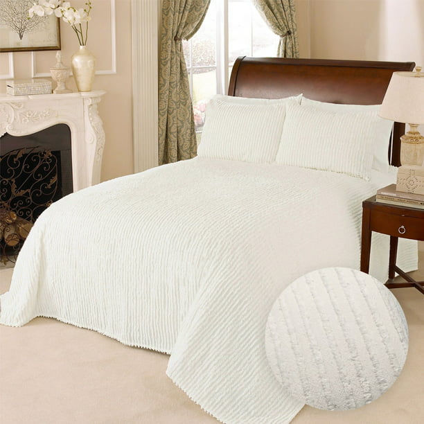 100% Cotton Tufted Chenille Stripe Textured King Bedspread Lightweight