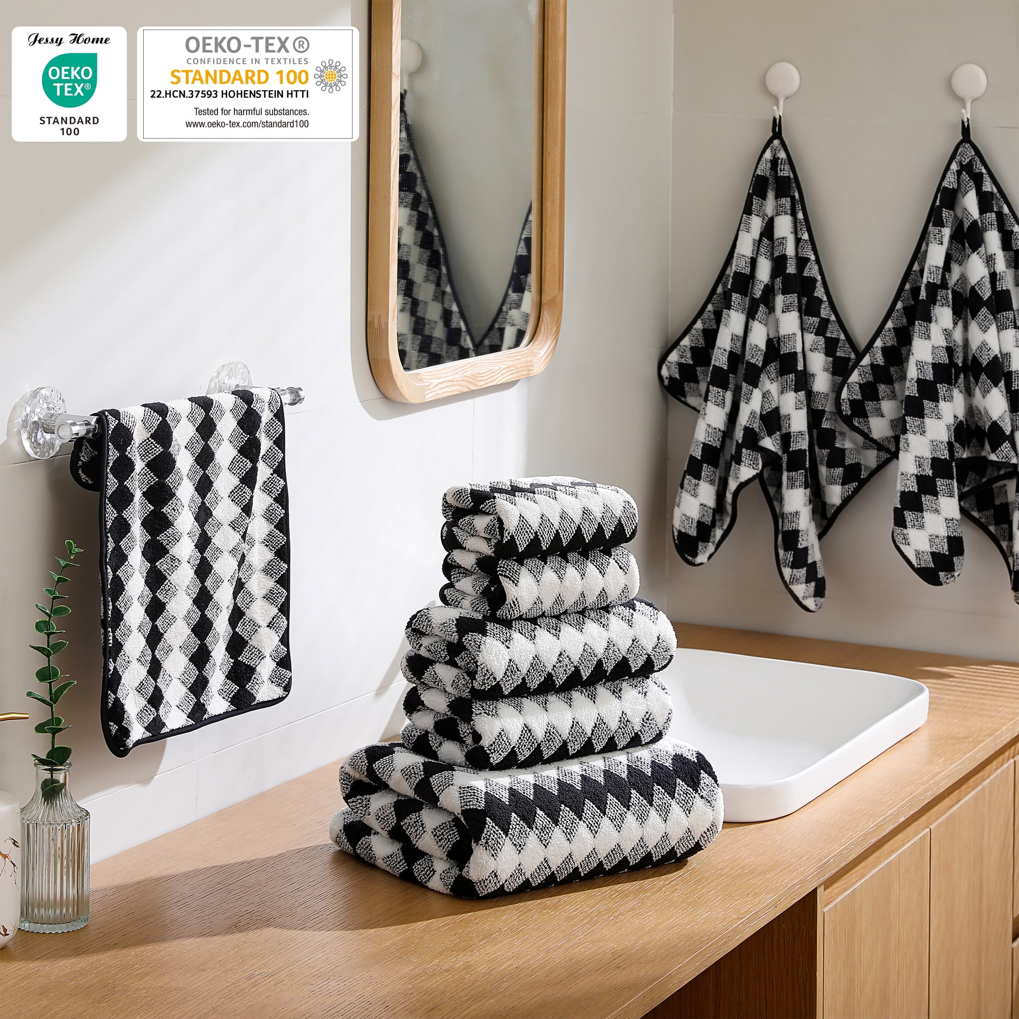 Jessy Home 12 Piece Black White Towel Set Soft Bath Towel for Bathroom-4 Bath Towels, 4 Hand Towels, 4 Washcloths Highly Absorbent Bath Sheet for Hotel & Spa