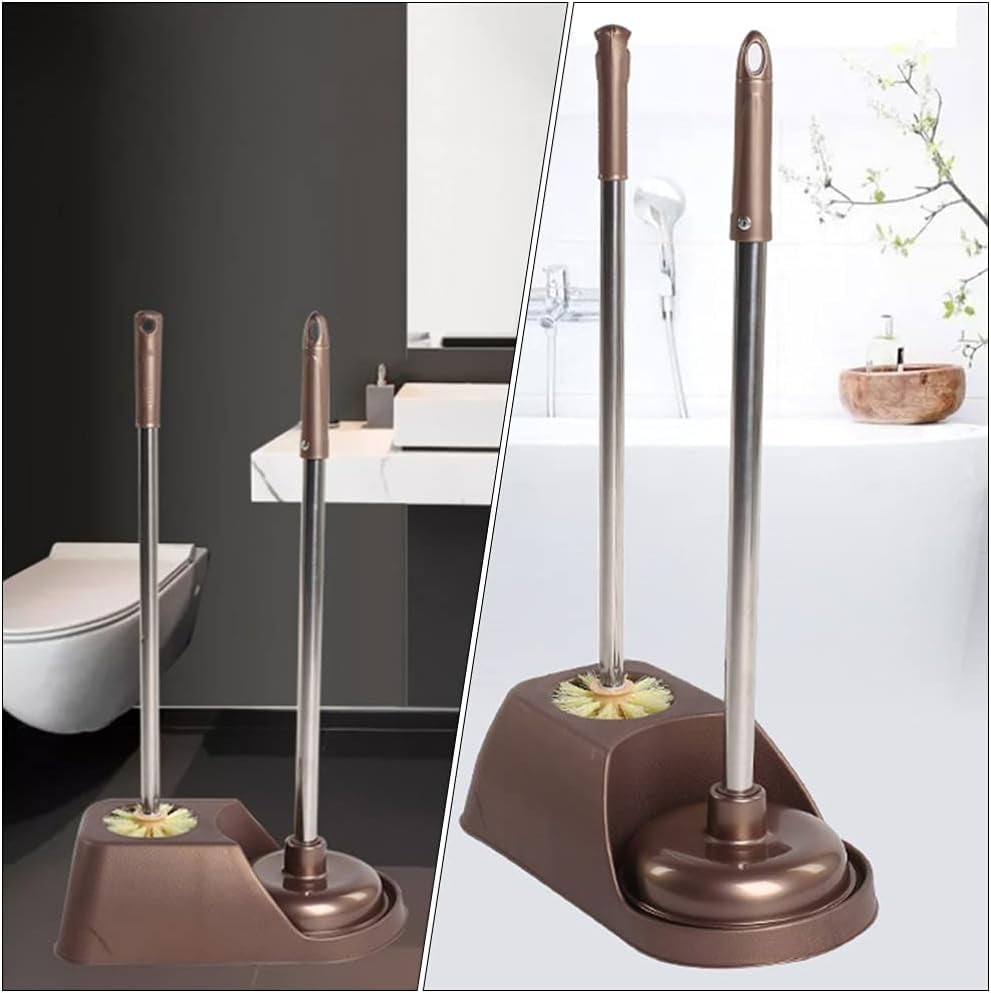 Toilet Plunger and Bowl Brush Combo for Bathroom Cleaning, 2 in 1 Long Handle Toilet Brush and Plunger with Holder, 1 Set ( Coffee )
