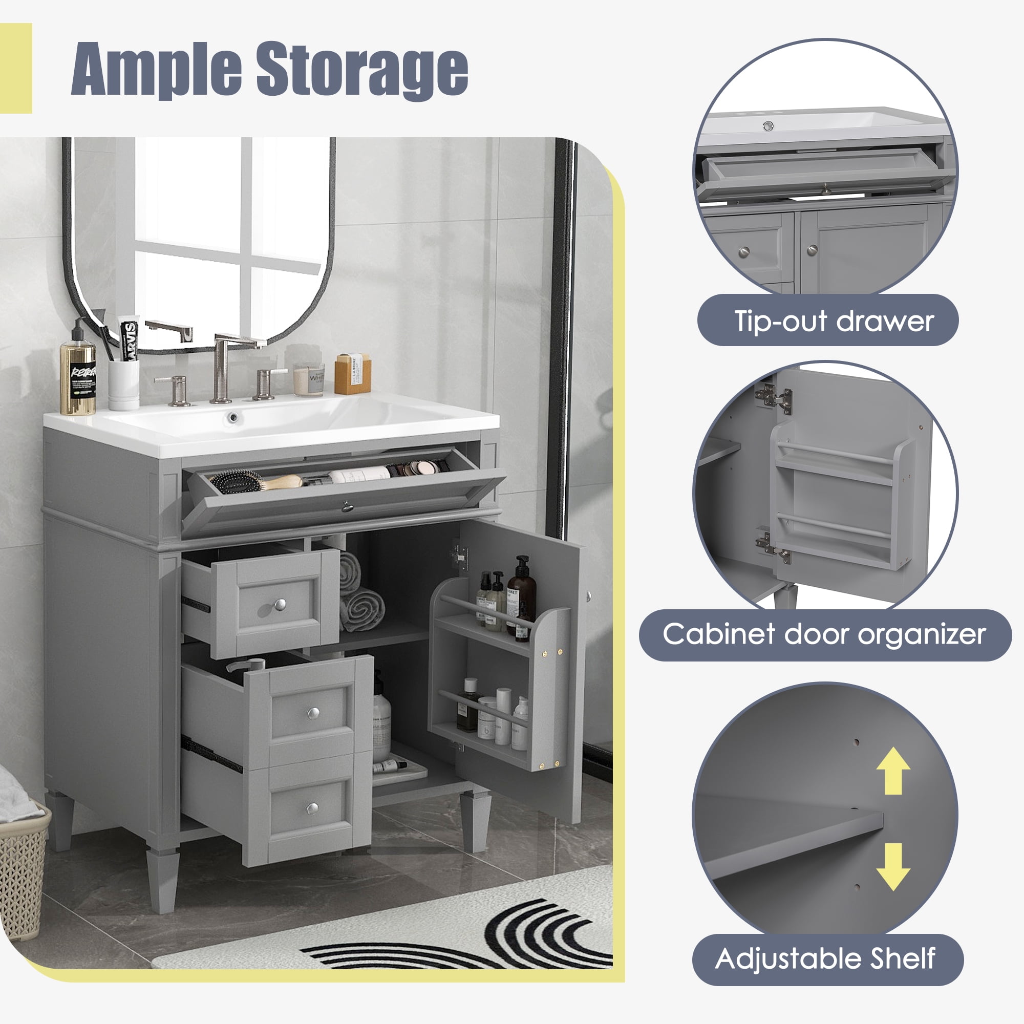 Harper & Bright Designs 30'' Bathroom Vanity with Sink and 2 Drawers and a Tip-out Drawer, Single Sink Bathroom Vanity Cabinet with Door and Adjustable Shelf, Gray