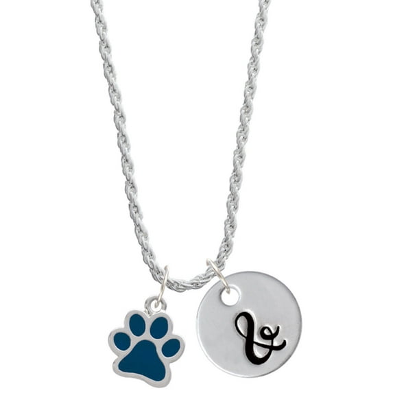 Delight Jewelry Silvertone Medium Translucent Navy Paw Silvertone Script Initial Disc - & - Charm Necklace, 20"+3"