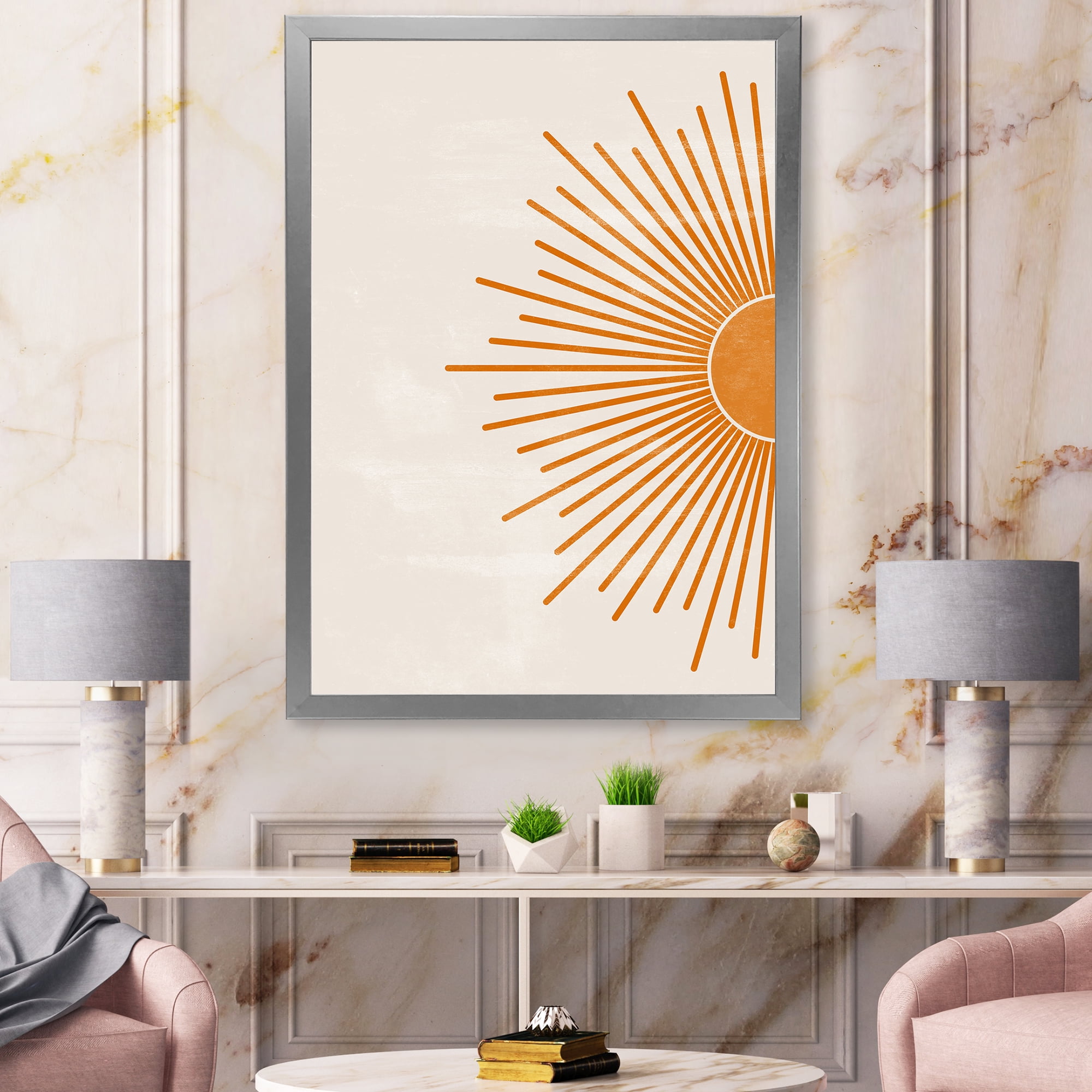 Designart 'Orange Sun Print On Beige I' Modern Framed Art Print