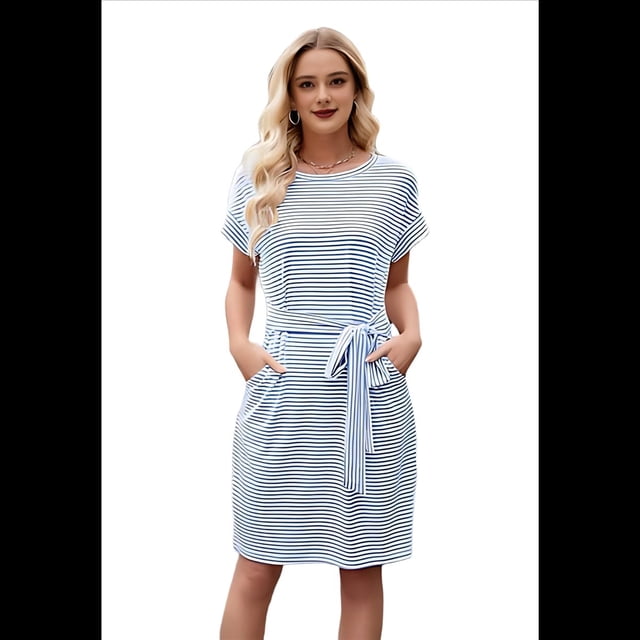 Vestido Camisero de Verano A Rayas de Corta para Mujer, Informal, con Lazo en la Cintura y Bolsillos, Azul , Talla L