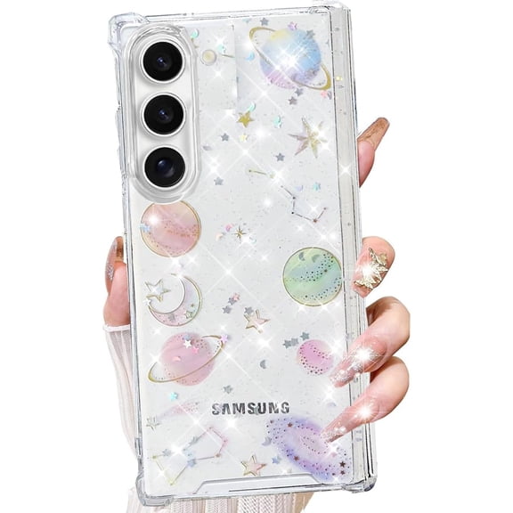 for Samsung Galaxy Z Fold 6 5G Clear Glitter Case,Cute Bling Sparkle Space Stars Moon Universe Design Soft Silicone Shockproof Protective Case for Women Girls for Galaxy Z Fold 6 5G (Planet)