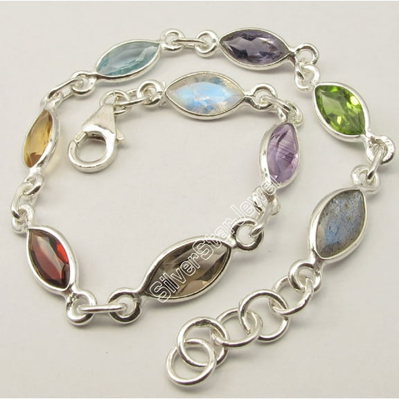 SilverStarJewel .925 Pure Silver Colorful Facetted Marquise Stones Astonishing Bracelet 7.9"