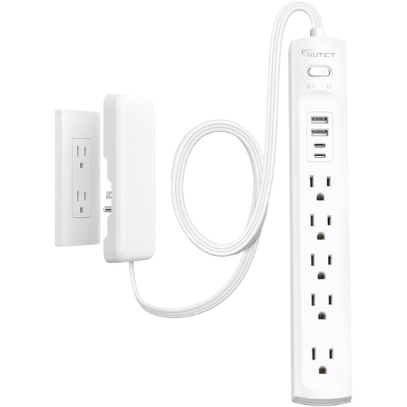 Flat Plug Power Strip 3ft, Outlet Cover Extension Cord with 5 Outlets and 4 USB Ports, 1440J Sur Protector, 10A/1250W, White Wall Ideal for Home Office Furniture