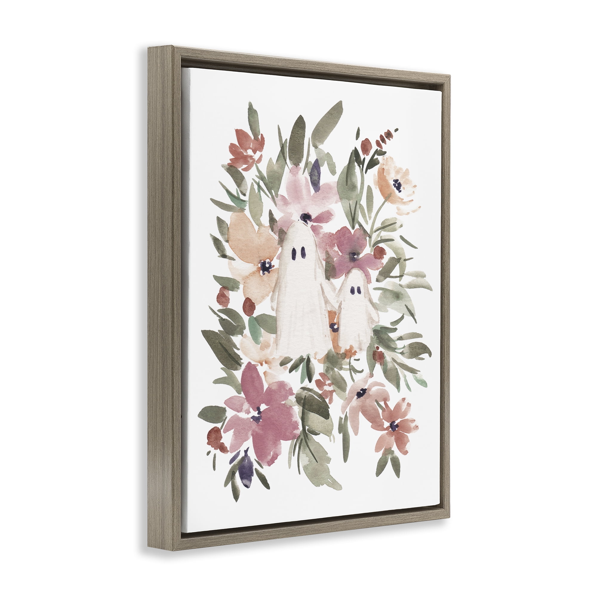 Stupell Industries Little Floral Ghosts Holiday Painting Brown Floater Framed Canvas Art Print Wall Art, 25 x 31