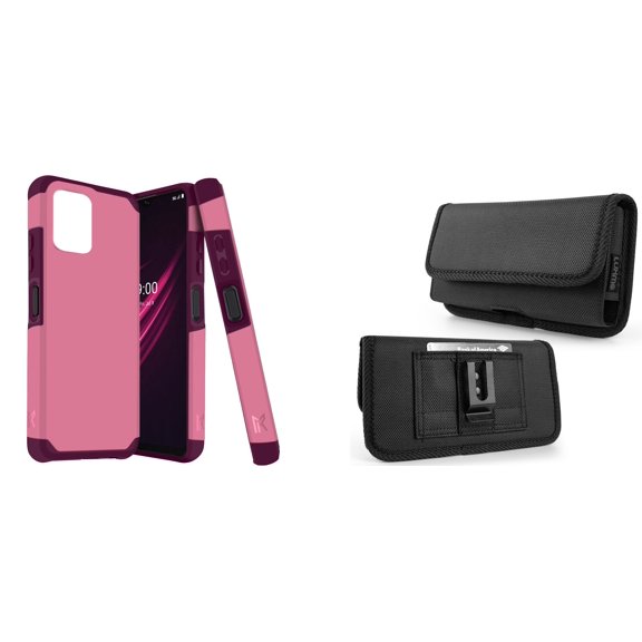 Case and Pouch Bundle for REVVL 6 5G: Dual Layer Slim Case (Pink Wine) and Horizontal Rugged Nylon Belt Holster