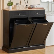 Double Tilt Out Trash Cabinet, Kitchen Trash Bin Cabinet , Free Standing Recycling Trash Can Cabinet with Hideaway Drawers, Pet Proof Trash Can Holder for Kitchen Living Room
