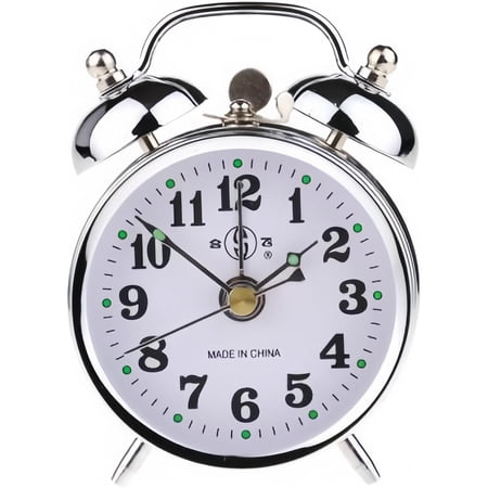 JKCCZLL Vintage Mechanical Alarm Clock, Manual Wind Up Clock with Loud Twin Bell, Analog Retro Silver Alarm Clock for Bedroom Living Room, Glow in The Dark Needles,Silver,1