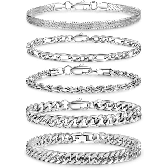 5 Pcs Stainless Steel Mens Chain Bracelet - Sturdy Curb Width Silver Rope Figaro Snake Cuban Link Chain Bracelet Set Stack Chain Bracelet for Men Women 6.5/7.5/8.3/9 Inches