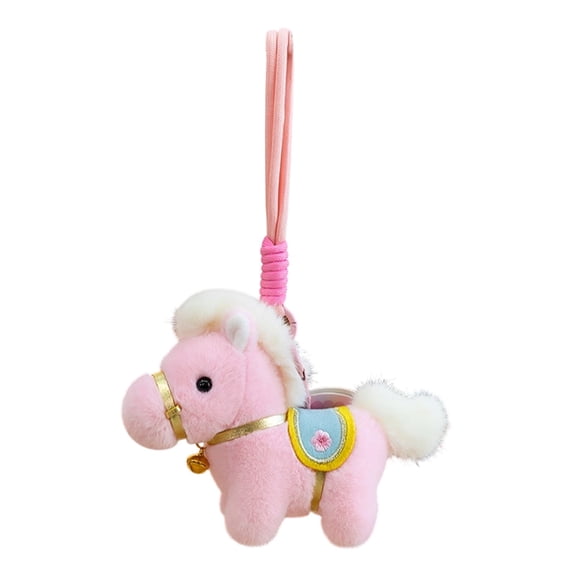 Pink Soft Plush Pony Toy With Decorative Saddle And Woven Rope For Bag Or Keychain Accessory