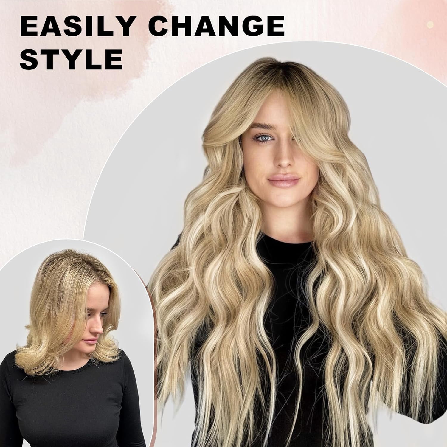 Clip in Long Wavy Synthetic Hair Extension 24 Inch Beach Blonde 4PCS Thick Hairpieces Fiber Double Weft Hair for Women