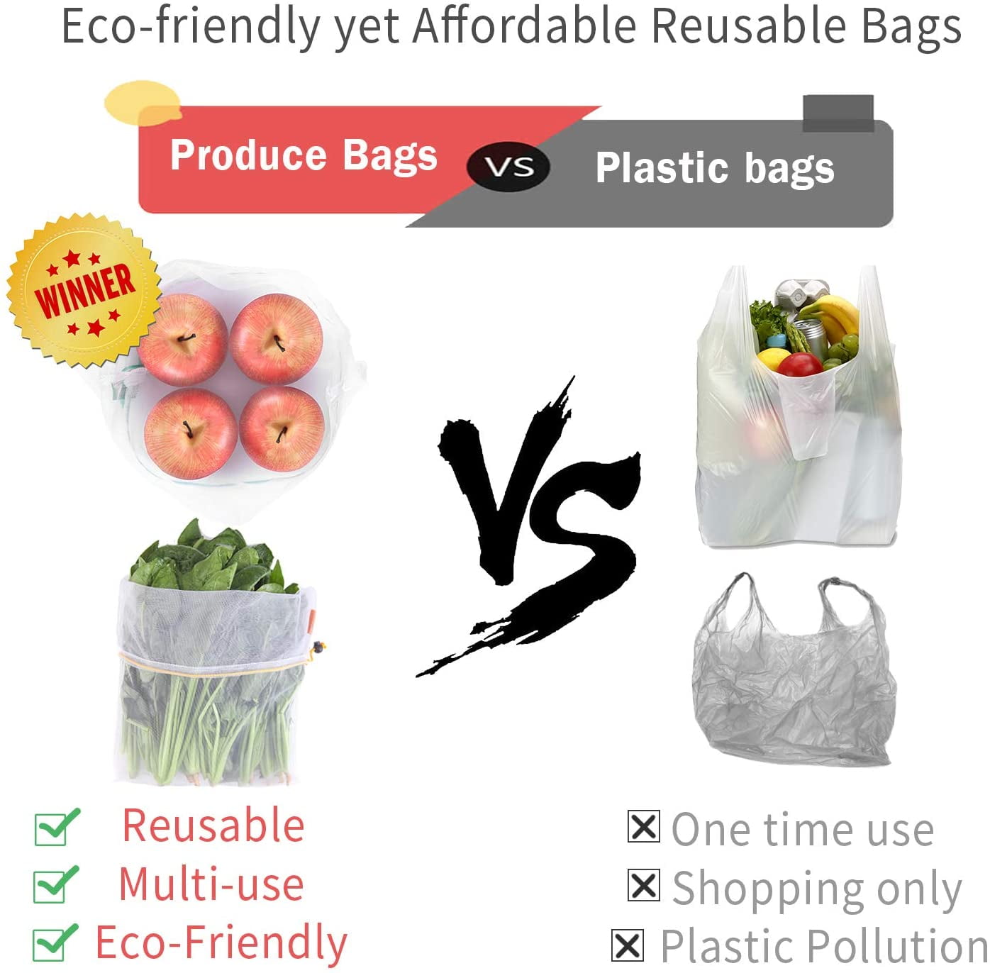 NEW  Set of 15 Reusable Mesh Produce Bags,3 Sizes Washable and See-Through 
