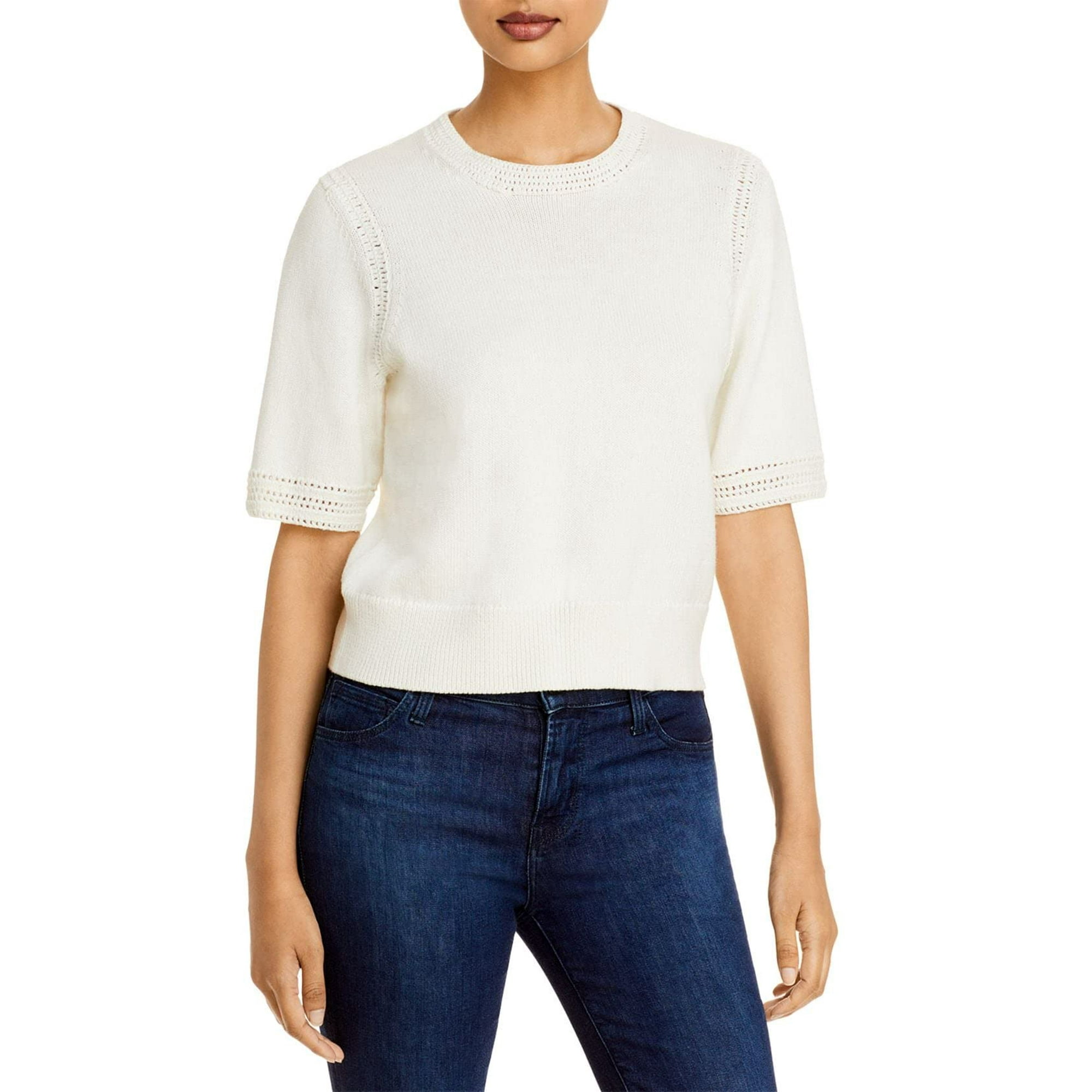 Joie Womens Feona Ribbed Knit Embroidered Crewneck Sweater White XS
