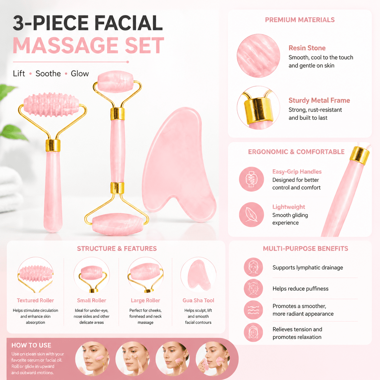 3-piece set of plastic imitation jade spiky roller gua sha board, imitation pink crystal heart-shaped gua sha board, facial massager