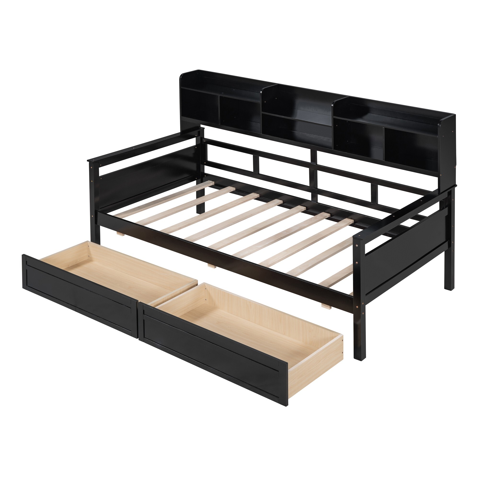 AENKYO Twin Size Wooden Daybed Bed Frame with 2 Storage Drawers and Headboard Shelf, Solid Wood Sofa Bed, Black