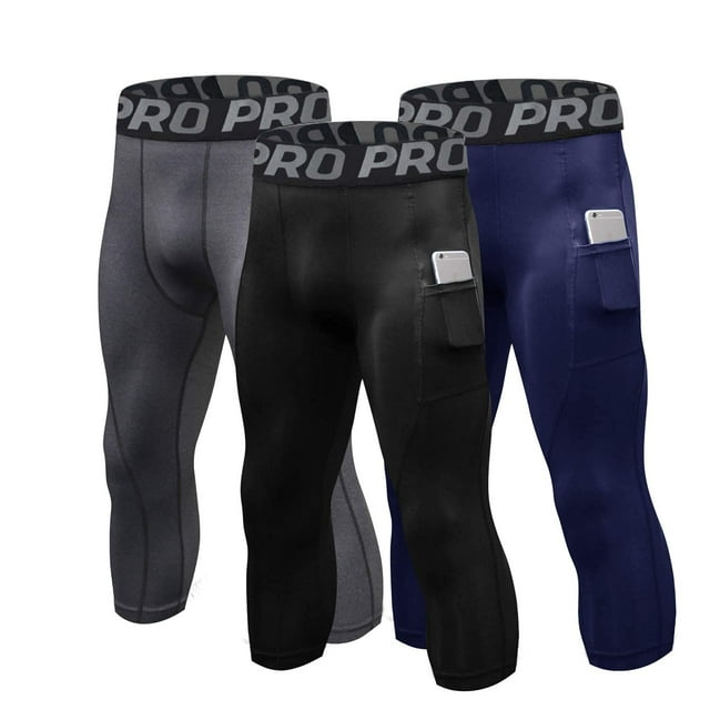 LANBAOSI 3 Pack Pantalons de Compression 3/4 pour Hommes Leggings Athlétiques avec Poche Taille TG
