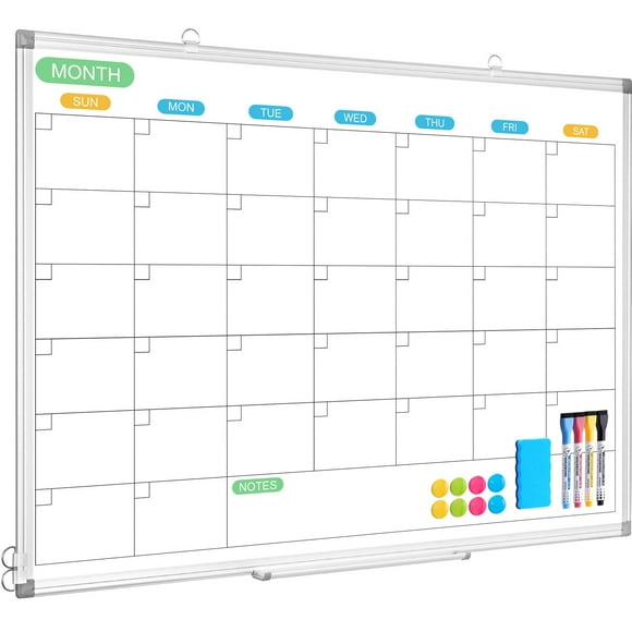 WALGLASS Dry Erase Calendar Whiteboard for Wall, 36" x 24" Double-Sided Monthly Calendar White Board with Silver Aluminum Frame, Hanging or Wall Mount Large Whiteboa