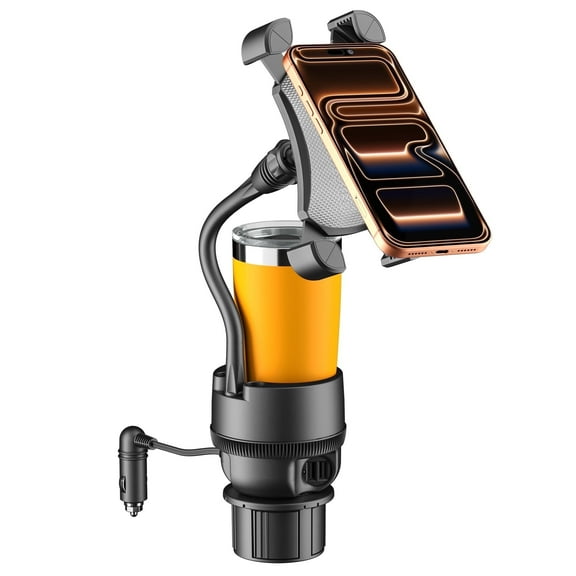 ToughTested Commuter Power Cup Holder Phone Mount with Adjustable 9” Gooseneck Arm, Expandable Cup Base, 4-Port Charging (2 USB-A   12/24V), Secure 4-Way Grip, Fits Phones with Cases