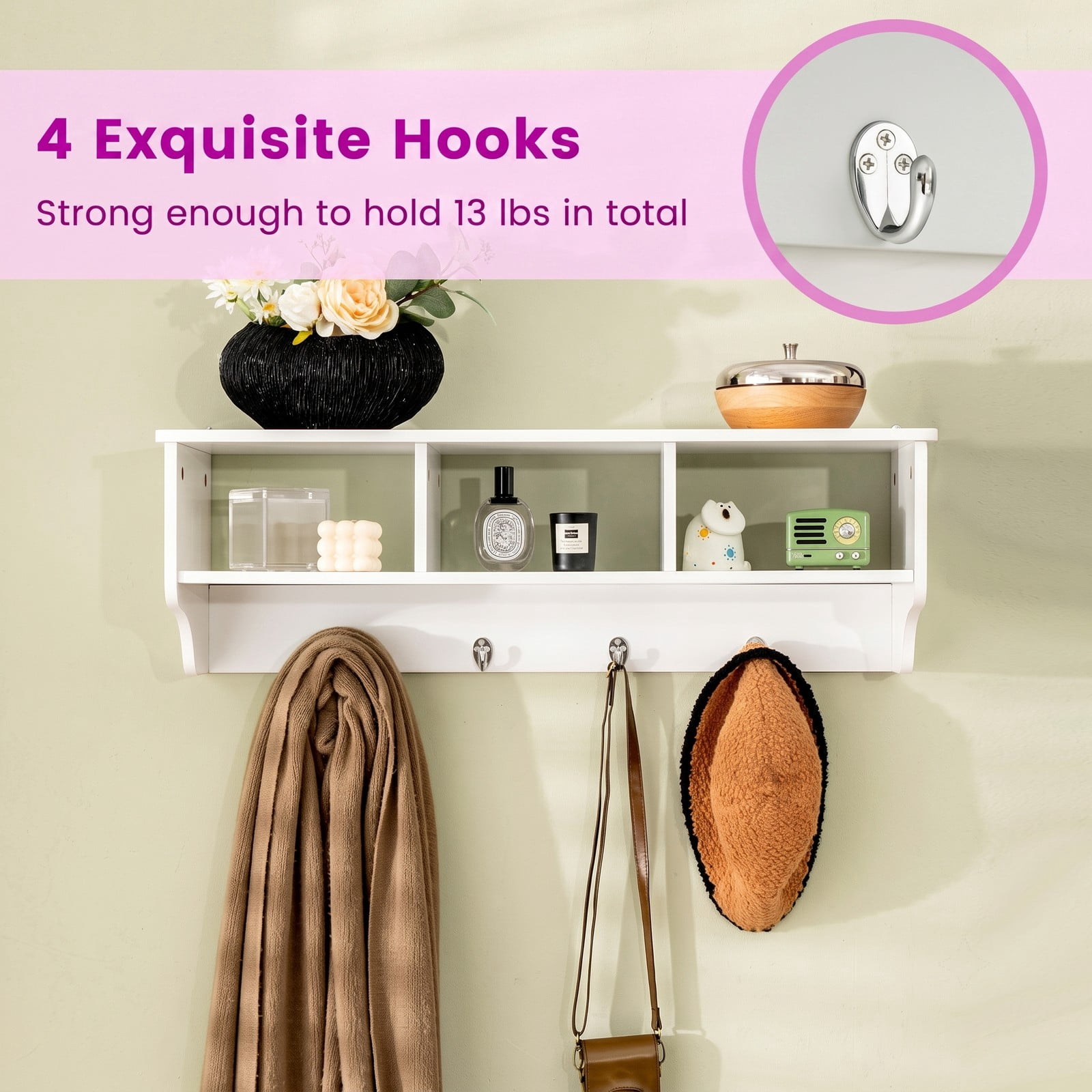 Furnibear Wall Mounted Coat and Hat Rack with Cubby Storage Shelf and 4 Hooks for Entryway Living Room and Bathroom, White