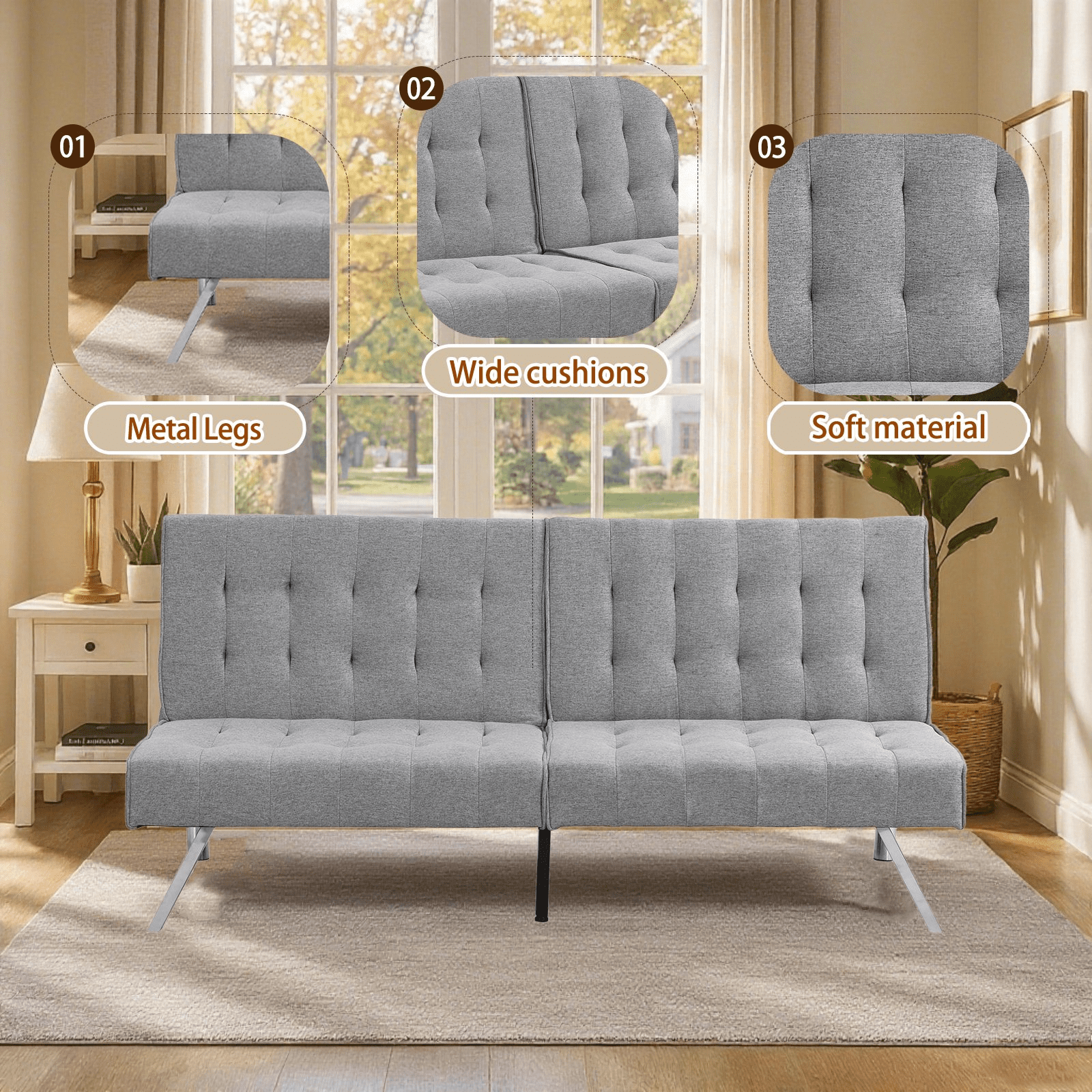 ASINMAK Convertible Sofa Bed Adjustable Couch Sleeper - Fabric Loveseat Futon Bed with Breathable Chenille, Metal Legs, and Adjustable Lounge - Perfect for Compact Living Space - Gray