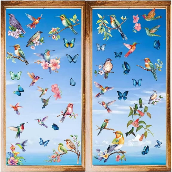 8 Sheets Hummingbird Wall Stickers Butterfly Stickers Flower Window Stickers PVC Waterproof Self Adhesive Wall Decals Removable