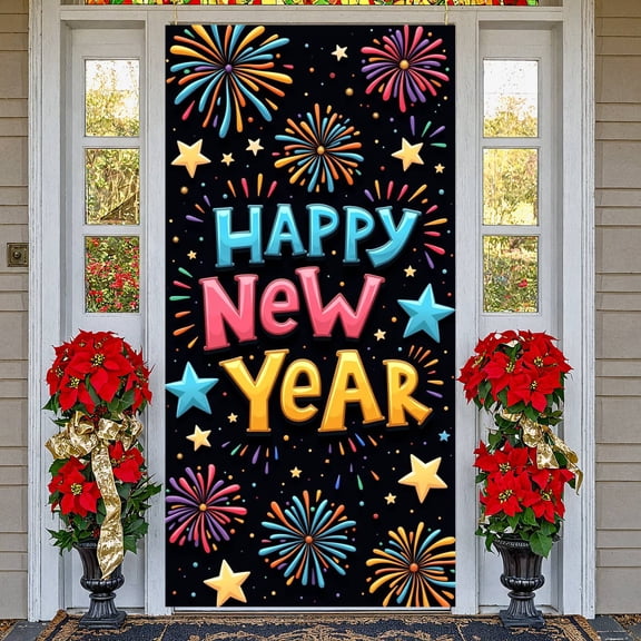 Colorful Fireworks Happy New Year Banner Starry Design New Year Display Festive Multicolor Festive Backdrop for New Year Party Holiday Celebration Indoor Decoration