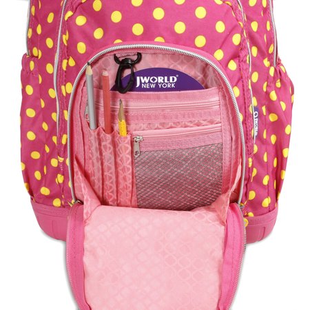 J World Girls Lollipop 16" Kids Rolling Backpack with Insulated Lunch Bag for School and Travel, Pink Buttons