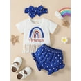 thumbnail image 2 of Bagilaanoe 4th of July Clothes for Newborn Baby Girl Short Sleeve Letter Print T-Shirts Tops + Shorts + Headband 3M 6M 12M 18M 24M Infant Independence Day Outfits 3pcs Short Pants Set, 2 of 9