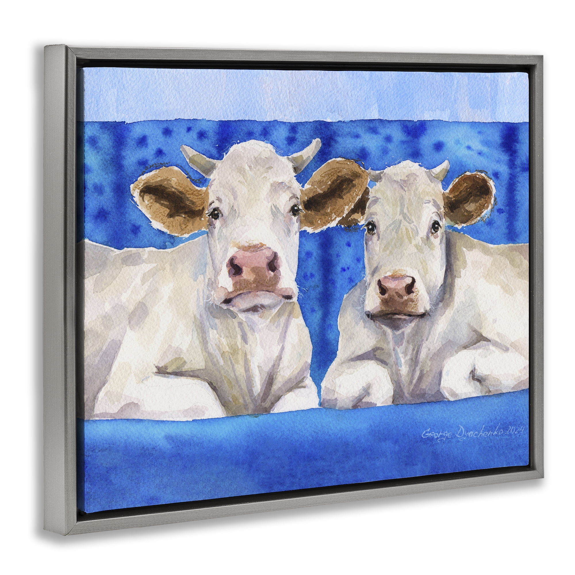 Stupell Industries White Cows on Blue Sofa Gray Framed Floater Canvas Wall Art, design by George Dyachenko