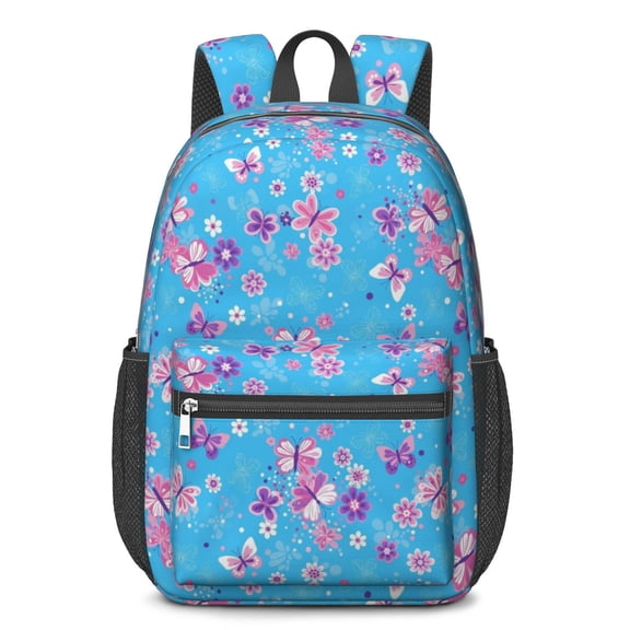 Butterfly and Floral Pink Pattern 17" Waterproof Oxford School Backpacks for Teens, S-Shape Padded Straps, for School, Travel, Hiking, Camping