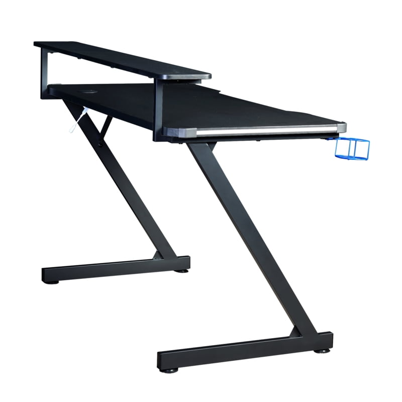 AON Gaming Desk & Gaming Chair Set – LED Carbon Fiber Desk with Riser Shelf and Ergonomic Racing-Style Gaming Chair, Black/ Grey