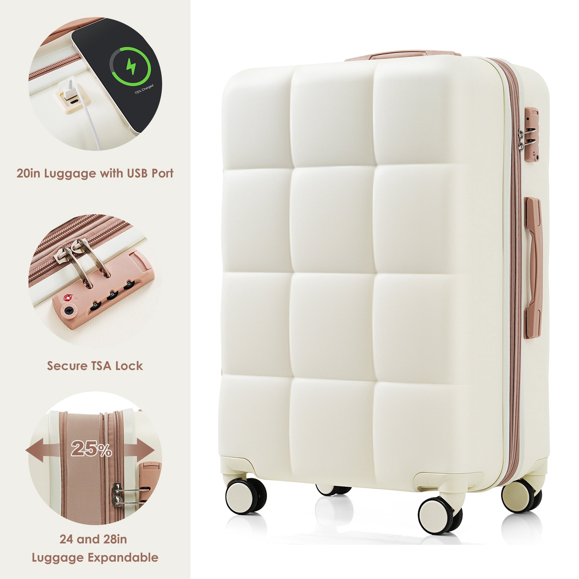 Euroco 4 Piece Luggage Sets,ABS Hardshell Suitcase Set with USB Port ,Cup Holder,Travel Bag and Spinner Wheels,Expandable Travel Luggage for Men Women(20"/24"/28"),Beige