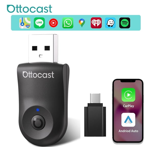 Ottocast Mini 2-in-1  Dongle Wireless CarPlay Adapter for iPhone & Android Auto Adapter , w/One-Click Button Discontact , USB Plug & Play