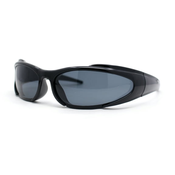 90s Trendy Plastic Narrow Wrap Around Oval Sport Sunglasses All Black
