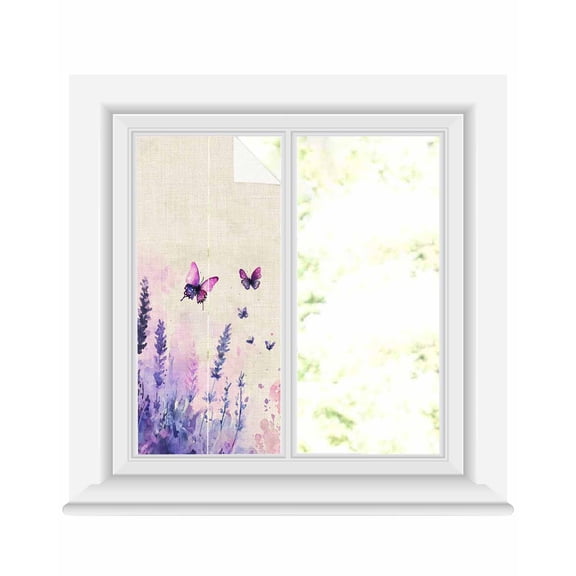 Window Privacy Film Spring Lavender Stained Glass Window Film Decorative Sun Block Window Cover Butterfly Purple Farmhouse Floral Leaf Window Clings Static Adhesive Sticker for Bathroom 19.6"x39.3"
