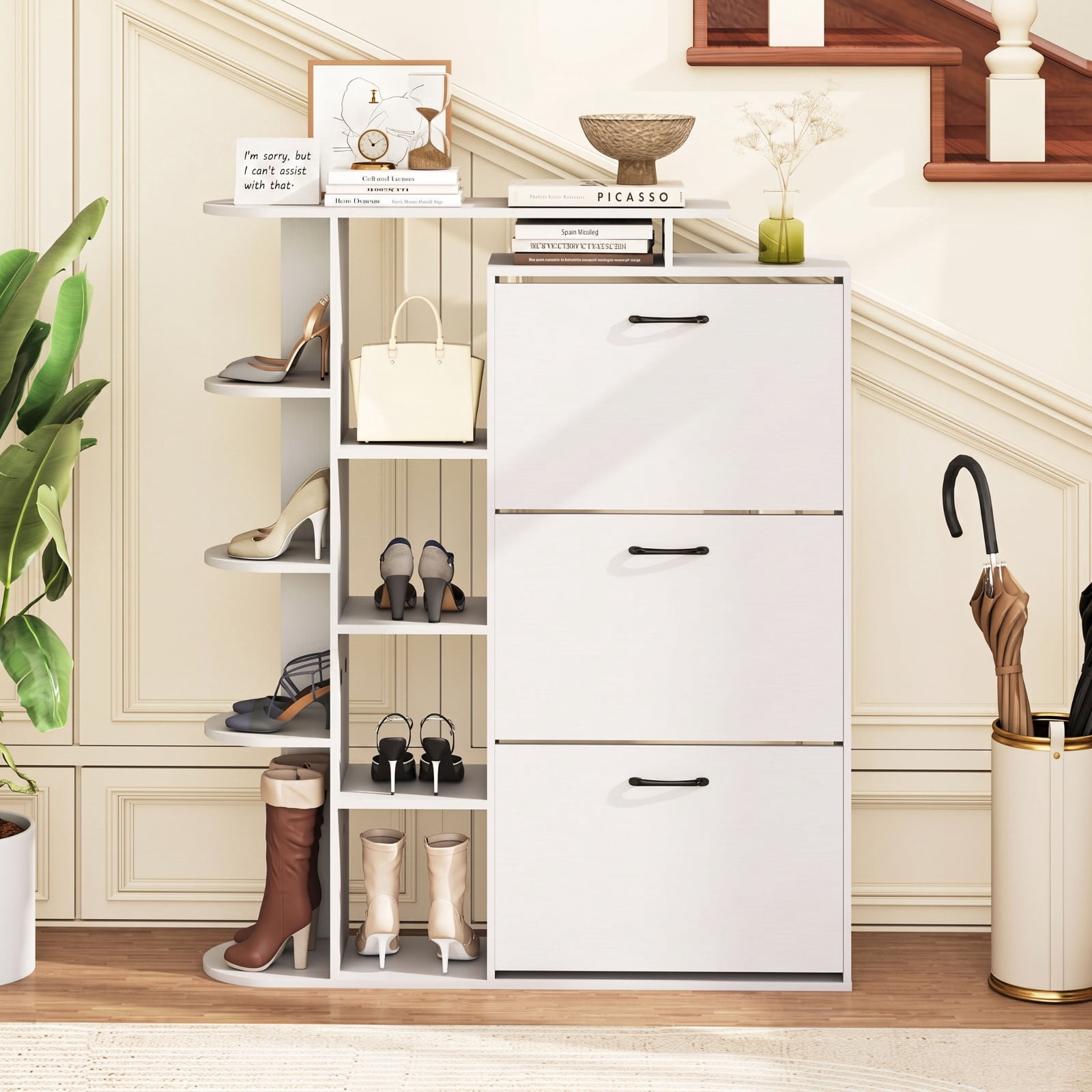 Furnibear Tall Shoe Cabinet with Open Shelves and 3 Flip Drawers Modern Freestanding Shoe Storage Organizer for Entryway Hallway, White