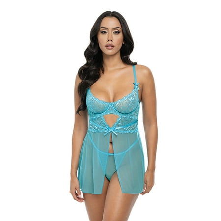 Emma Floral Lace & Mesh Underwire Babydoll w/G-String 2 pc Set - Beach Blue LG