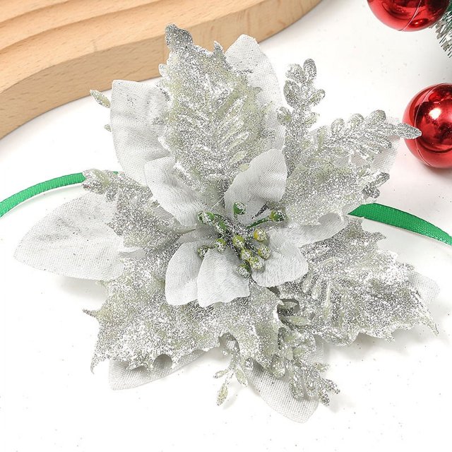 Cabeza de flor de Navidad con polvo de oro de simulación, flor falsa, corona de Navidad con polvo de oro de múltiples capas, decoración para árbol de Navidad