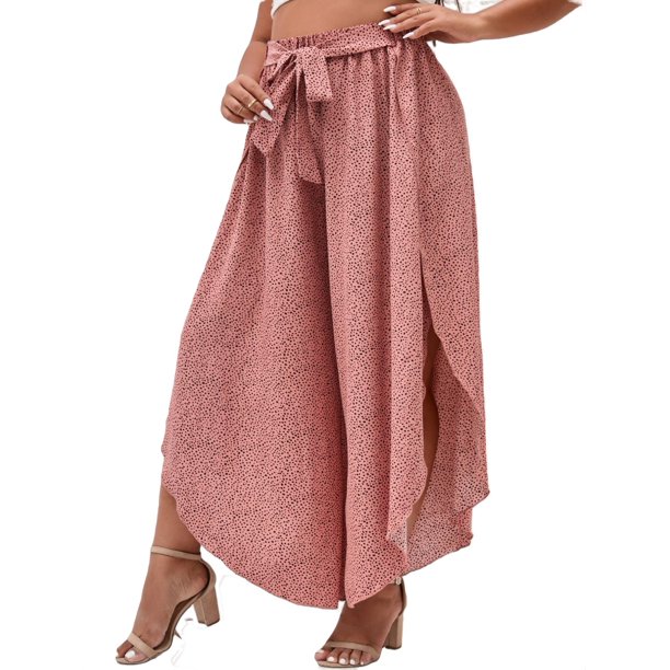 Women's Plus Size Tie Front Elastic Waist Wide Leg Pants Asymmetrical