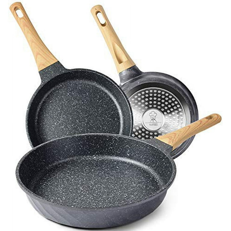  Frying Pan Set with Lids - Nonstick Frying Pan Set 3 Pcs, Non  Stick Granite Cookware Set, Induction Skillet Set Egg Omelette Frying Pan W/ Lid, Healthy No Toxic Cookware, Pan Set