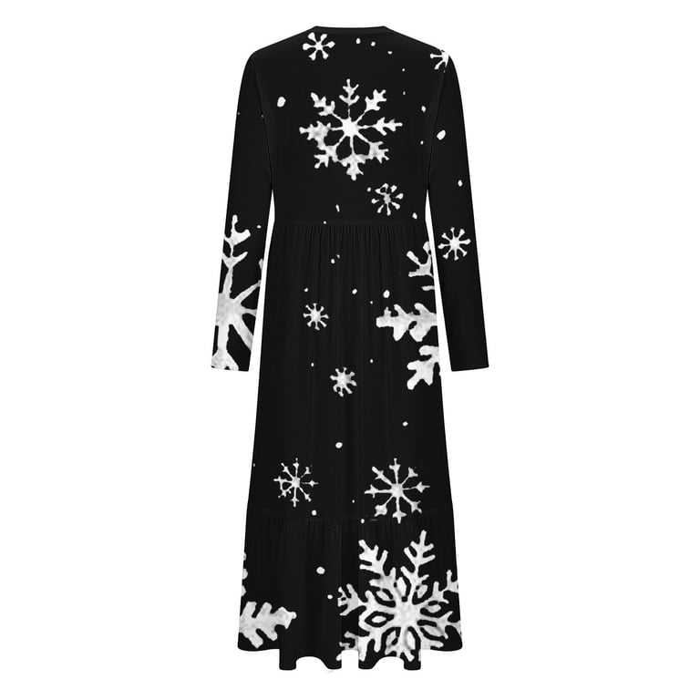 Annhoo Womens Christmas Dresses Long Sleeve Snowflake Printed Maxi Dress Fashion Round Neck Dresses with Pockets