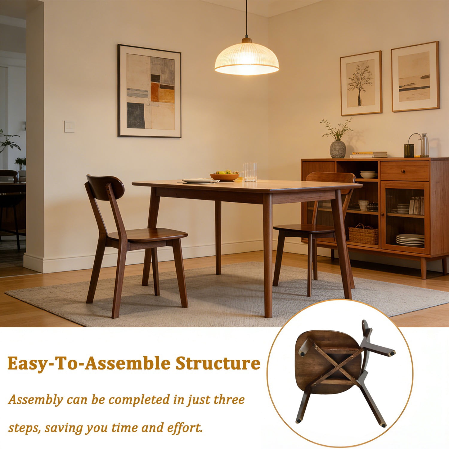 100% Natural Solid Wood Dining Chairs Set of 2 Mid Century Modern Kitchen Chairs with Curved Backrest Adjustable Foot Pads Walnut Dining Room Living Room Study Chairs, Walnut
