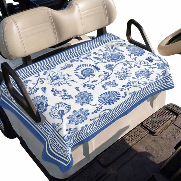 Golf Cart Seat Cover Blue Flowers Vines Club Car Golf Cart Seat Covers Soft Absorbent Golfcart Towel Blanket Elegant Floral Geometric Frame Golf Seat Covers for Cart Fits 2 & 4 Passenger 51"x31"