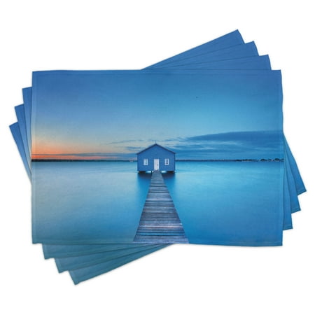 

Landscape Placemats Set of 4 Sunrise Over Water Lakehouse Cabin Boardwalk Sun Rays Clouds Horizon Nature Washable Fabric Place Mats for Dining Room Kitchen Table Decor Blue Orange Gray by Ambesonne